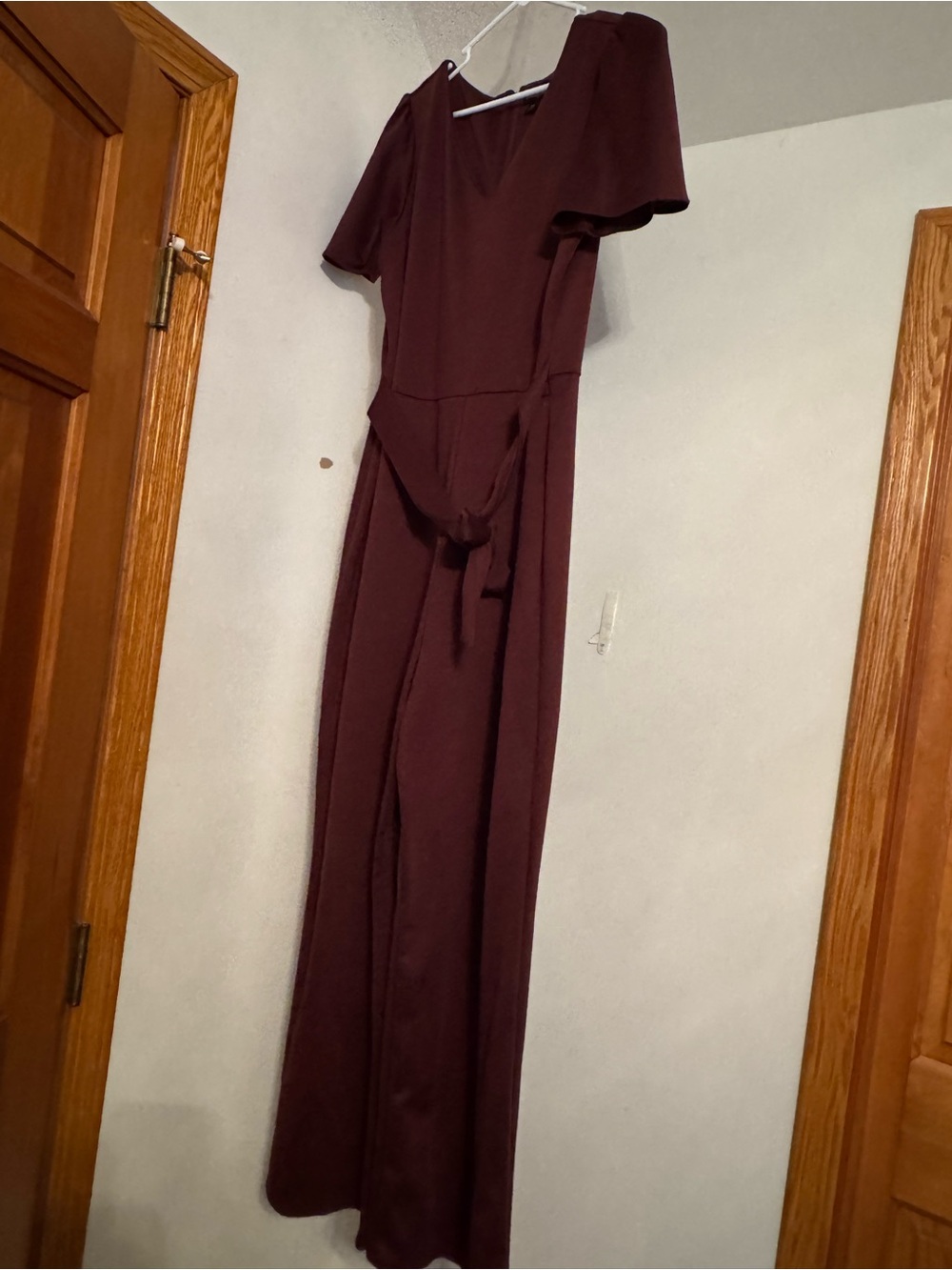 Women's Burgundy Short Sleeve Jumpsuit with Tie Waist